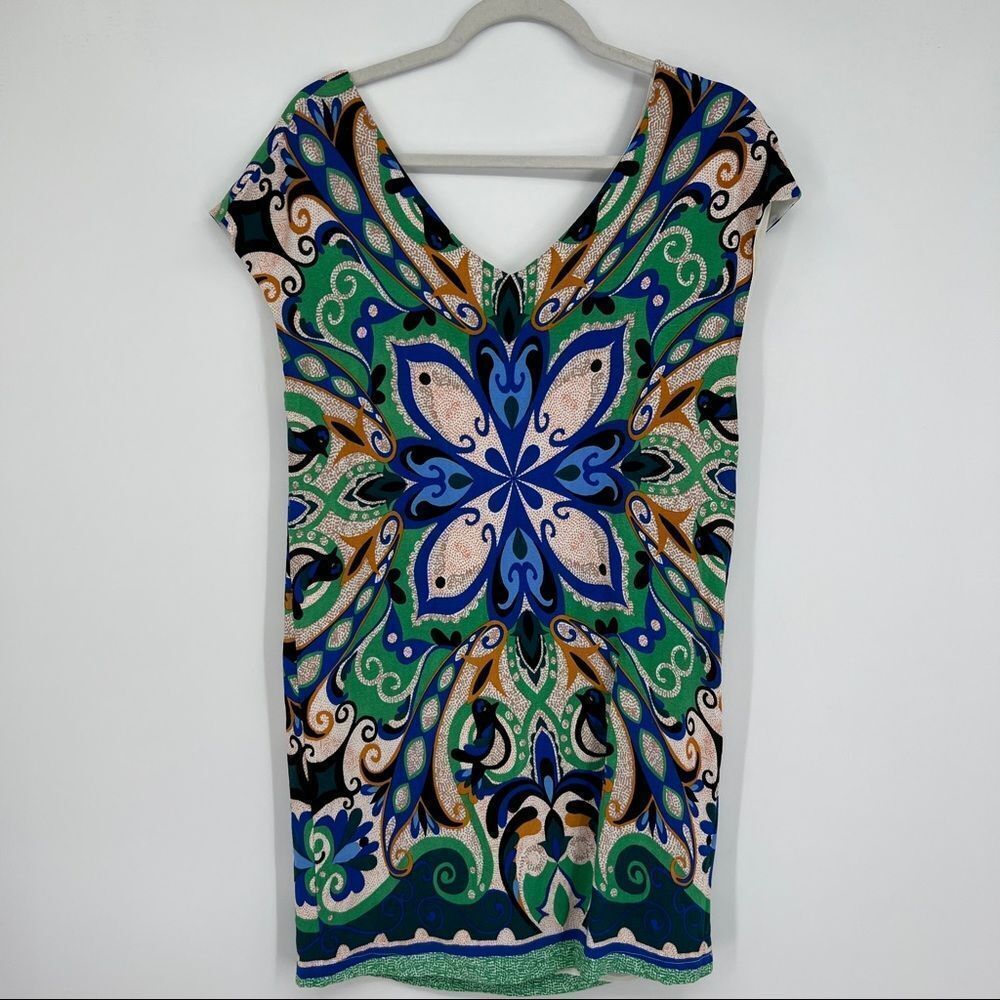 Anthropologie Maeve Folklore Abstract Shift Multicolor V-neck Casual Mini Dress - Picture 2 of 12